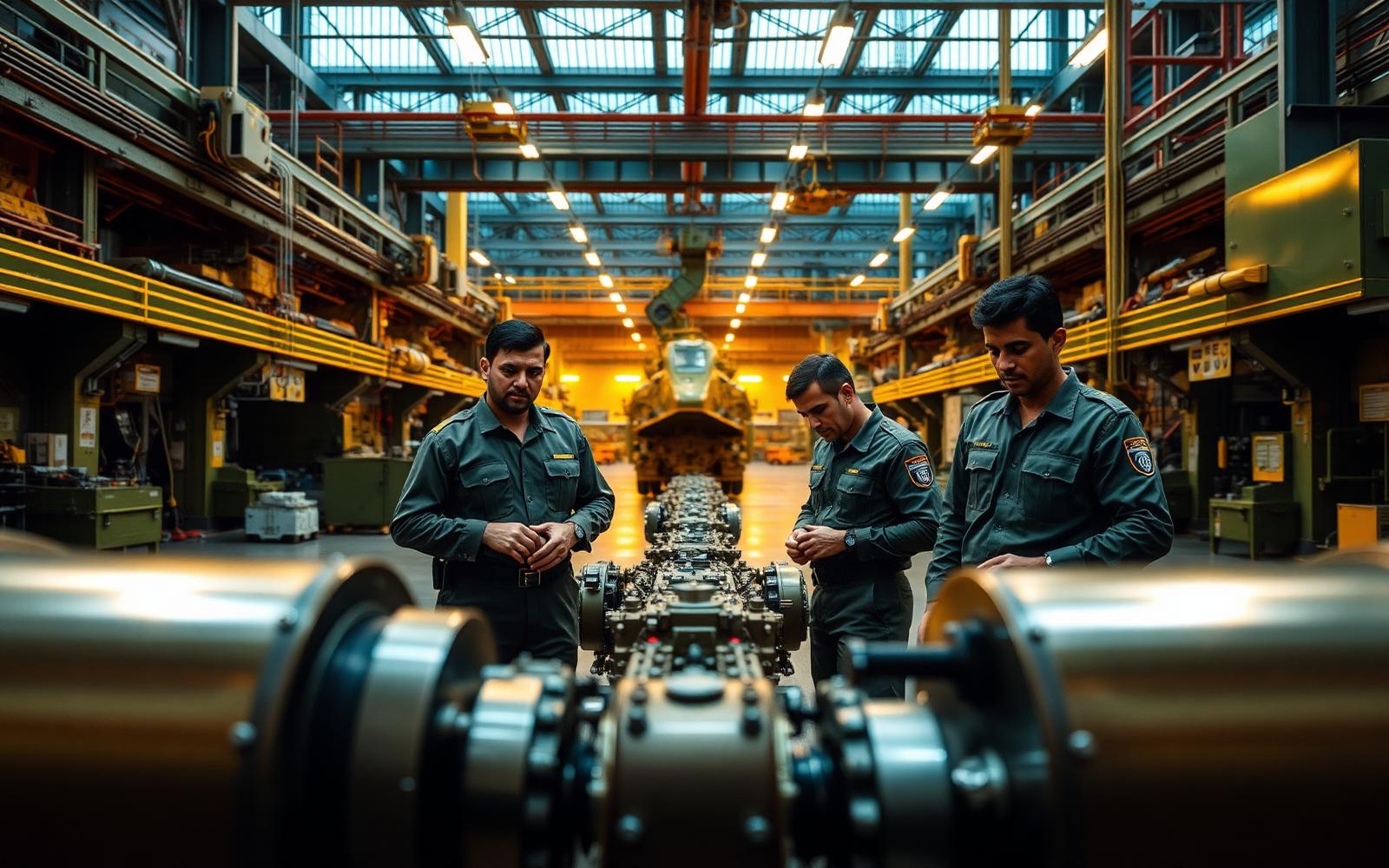 Engineers inspecting precision defence components inside a manufacturing facility